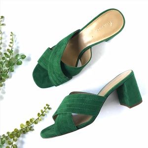 Ann Taylor Honor Mules green suede slide on heel